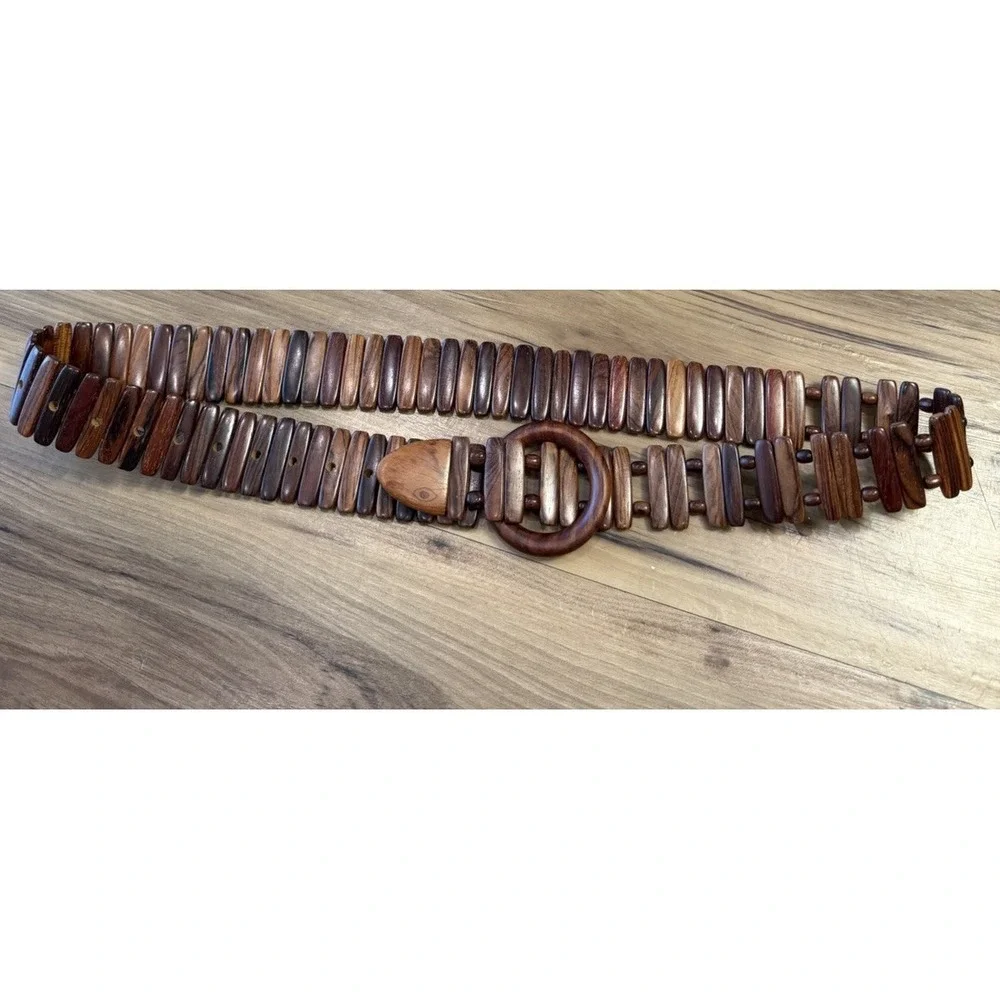 Vintage Wooden Tile Belt Boho Artisan Adjustable Wood Link Belt 38